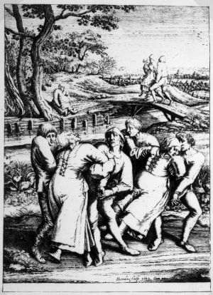 Episod de manie a dansului într-un pelerinaj la biserica Sint-Jans-Molenbeek. Gravurã, 1642, a lui Hendrick Hondius dupã un desen al lui Pieter Brueghel cel Bãtrîn, de la 1564. Episod de manie a dansului într-un pelerinaj la biserica Sint-Jans-Molenbeek. Gravurã, 1642, a lui Hendrick Hondius dupã un desen al lui Pieter Brueghel cel Bãtrîn, de la 1564.